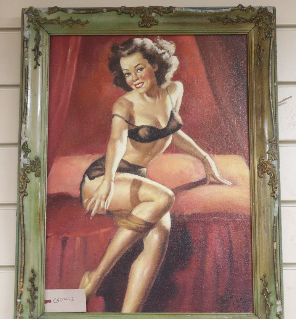 After Gil Elvgren (1914-1980), oil on board, Im not shy, Im just retiring, signed and dated 1951, 45 x 32cm